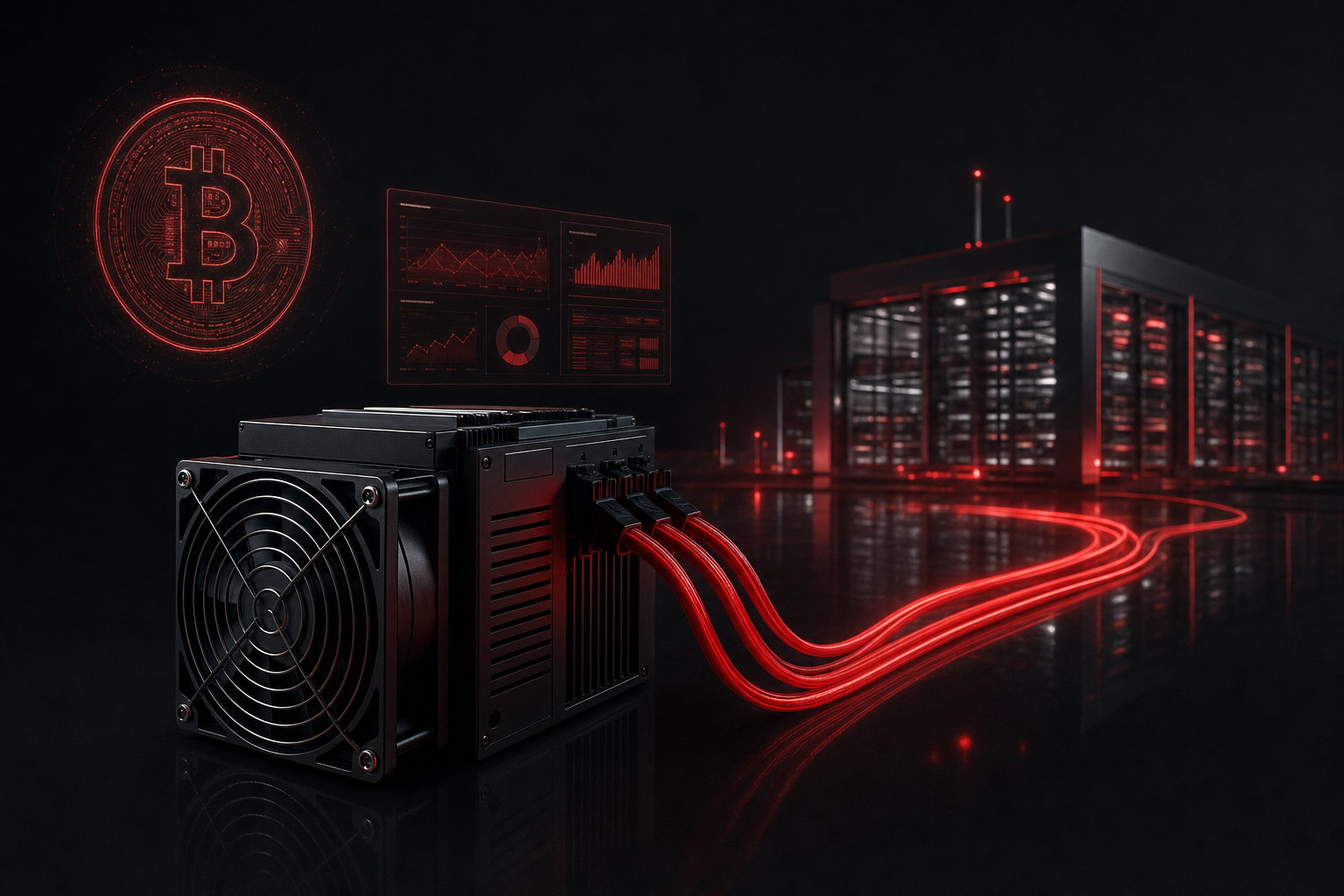 Bitcoin ASIC miner connected by red cables to a hosting data center with a Bitcoin hologram