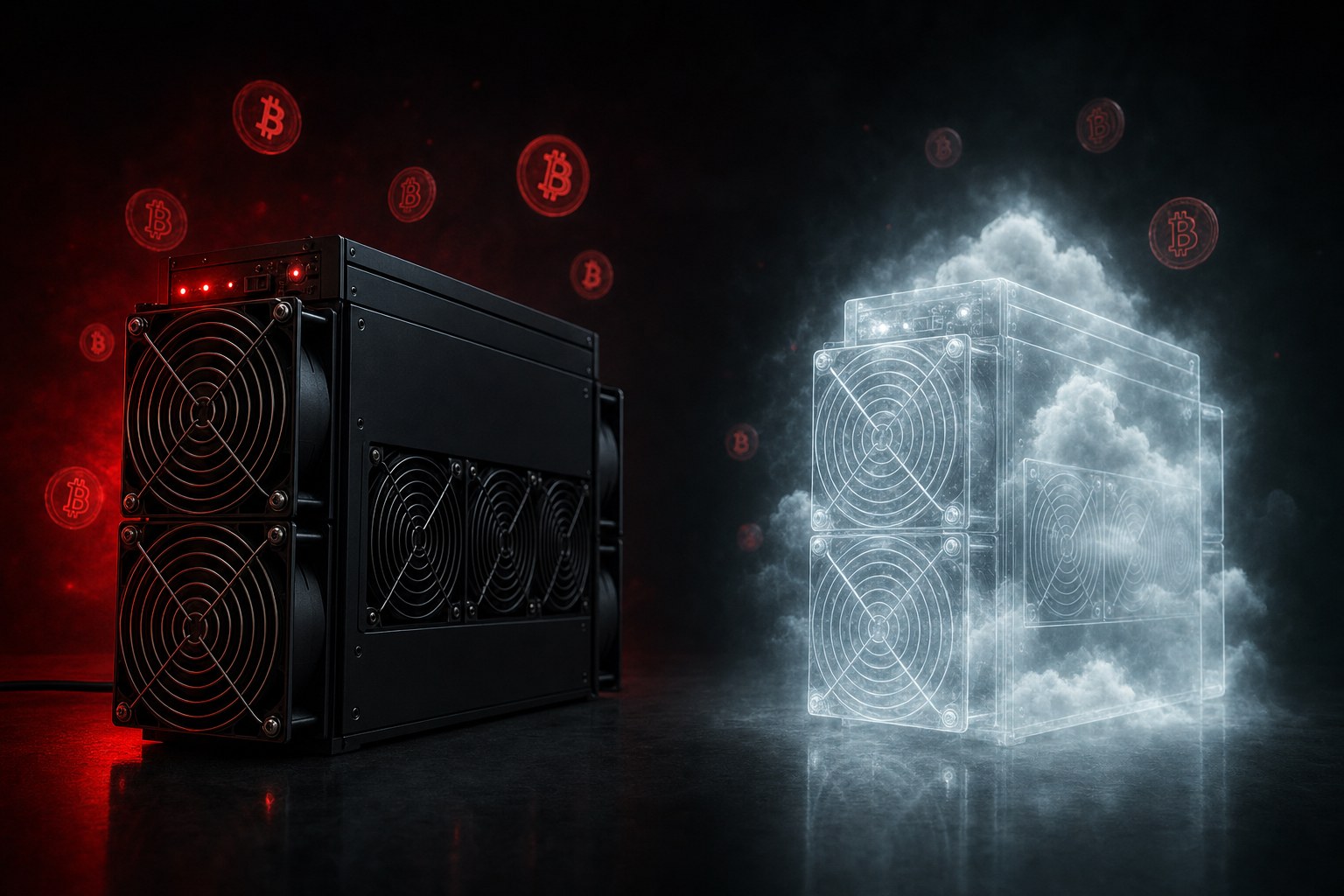 A real black ASIC miner beside a translucent cloud-made holographic miner representing cloud mining