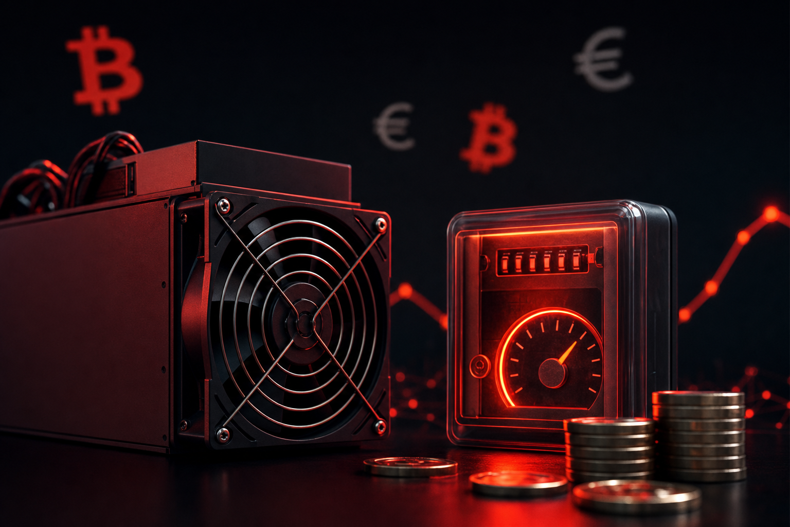 Bitcoin ASIC miner beside a glowing kilowatt electricity meter and stacked coins showing hosting cost