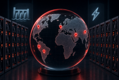 Glowing world map globe with red location pins marking the best countries to mine crypto, flanked by Bitcoin mining server racks