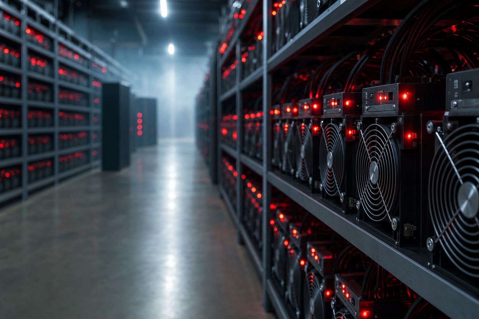 Rows of black ASIC miners with red LEDs inside a Bitcoin mining hosting data center