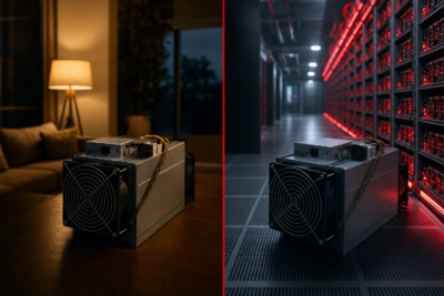Split image comparing a Bitcoin miner running at home versus in a professional hosting data center