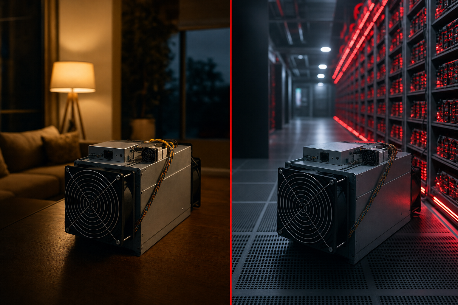 Split image comparing a Bitcoin miner running at home versus in a professional hosting data center